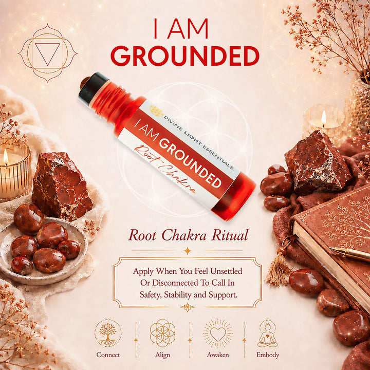 A root chakra ritual essential oil rollerball bottle labeled &