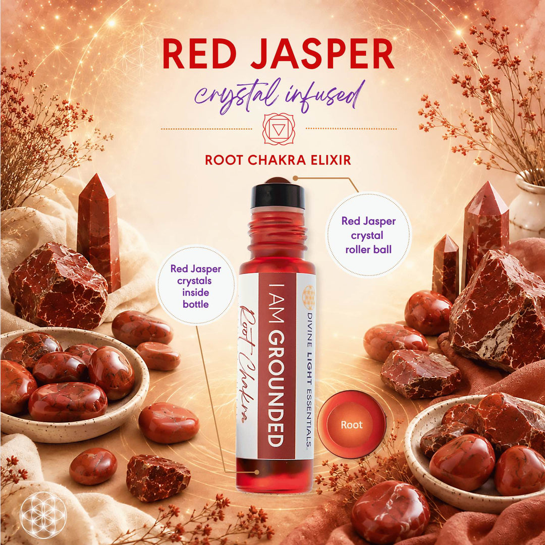 A bottle of Red Jasper crystal infused Root Chakra Elixir essential oil centered on a warm, mystical background with red jasper crystals, bowls of red jasper stones, and decorative dried botanicals. Text labels identify the product and its features.
