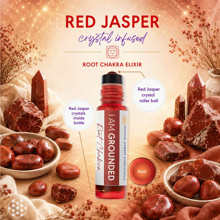 A bottle of Red Jasper crystal infused Root Chakra Elixir essential oil centered on a warm, mystical background with red jasper crystals, bowls of red jasper stones, and decorative dried botanicals. Text labels identify the product and its features.