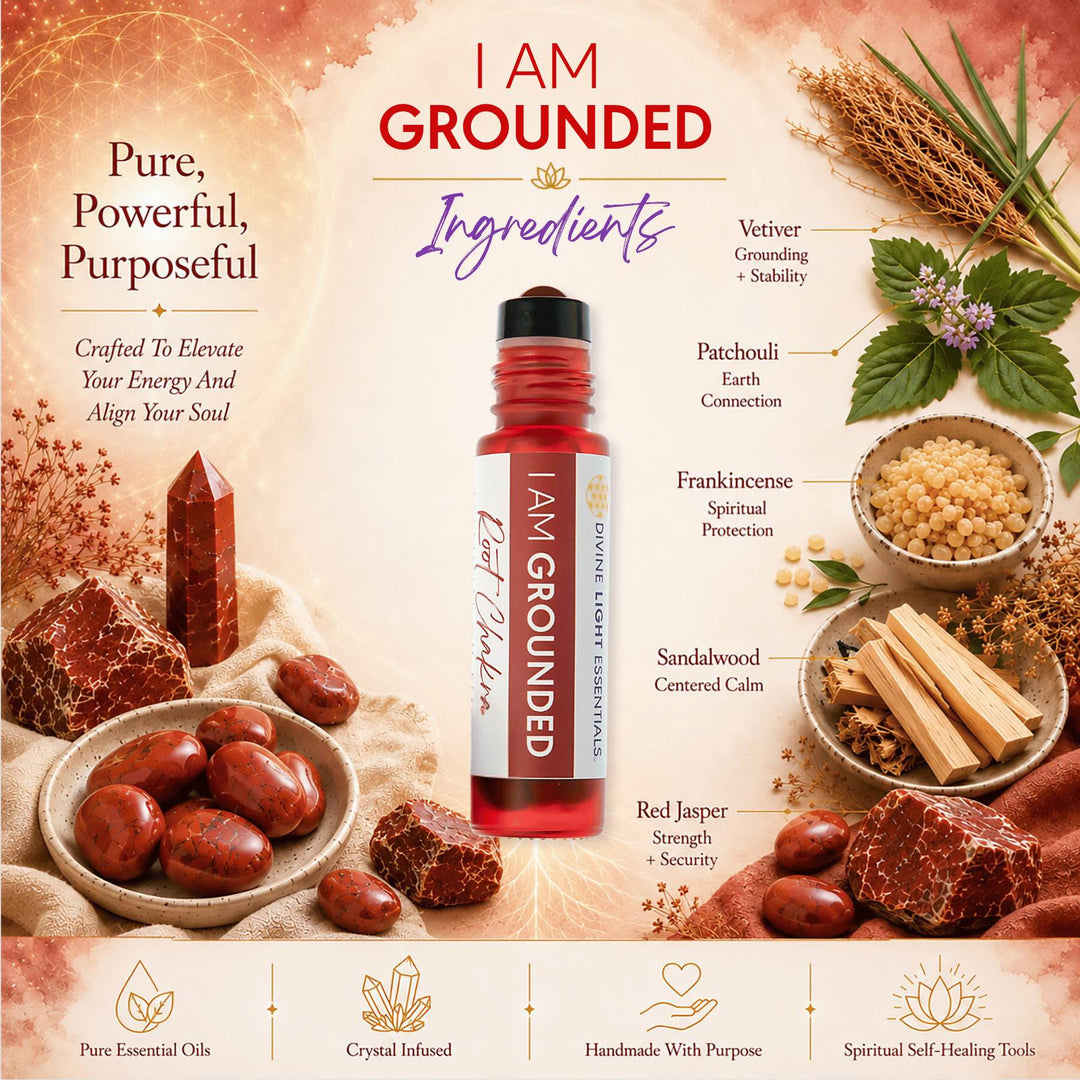 A promotional graphic for an essential oil roller bottle labeled &