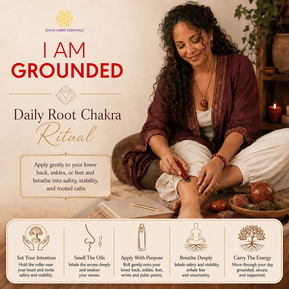 Promotional graphic for the 'I Am Grounded' Daily Root Chakra Ritual by Divine Light Essentials, featuring a woman performing a foot massage on another person in a warm, serene setting with text overlays and five illustrated steps at the bottom.