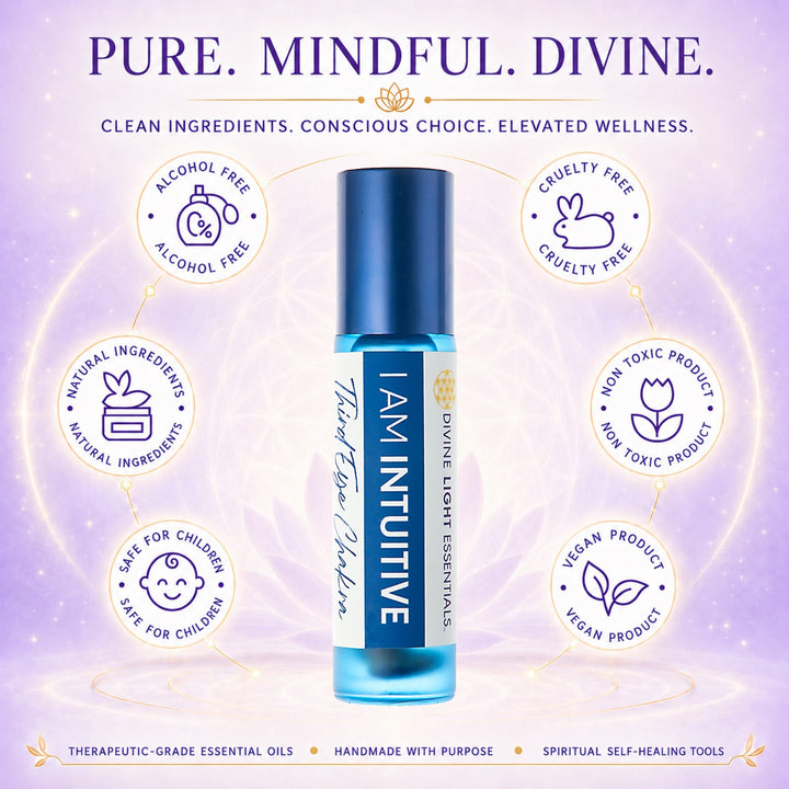 A centered bottle of divine light essential oil with a blue cap and blue label reading &