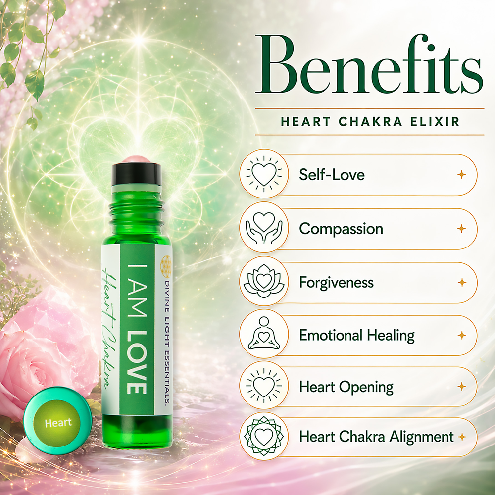 A green glass rollerball bottle labeled 'I AM LOVE Heart Chakra' shown beside a 'Benefits' panel listing Self-Love, Compassion, Forgiveness, Emotional Healing, Heart Opening, and Heart Chakra Alignment on a soft pastel background with floral and chakra graphics. Rose quartz crystal rollerball.