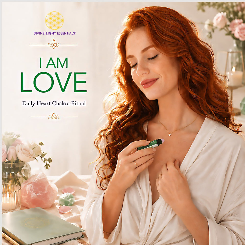 A woman with long wavy red hair wearing a white robe is shown holding a small green and white tube near her chest. The scene is softly lit with flowers, crystals, and candles in a warm indoor setting.