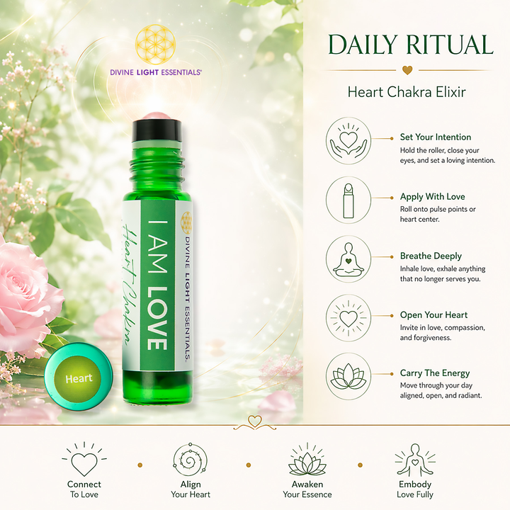 Divine Light Essentials Heart Chakra Elixir bottle on a soft floral background with text instructions for daily ritual on the right.
