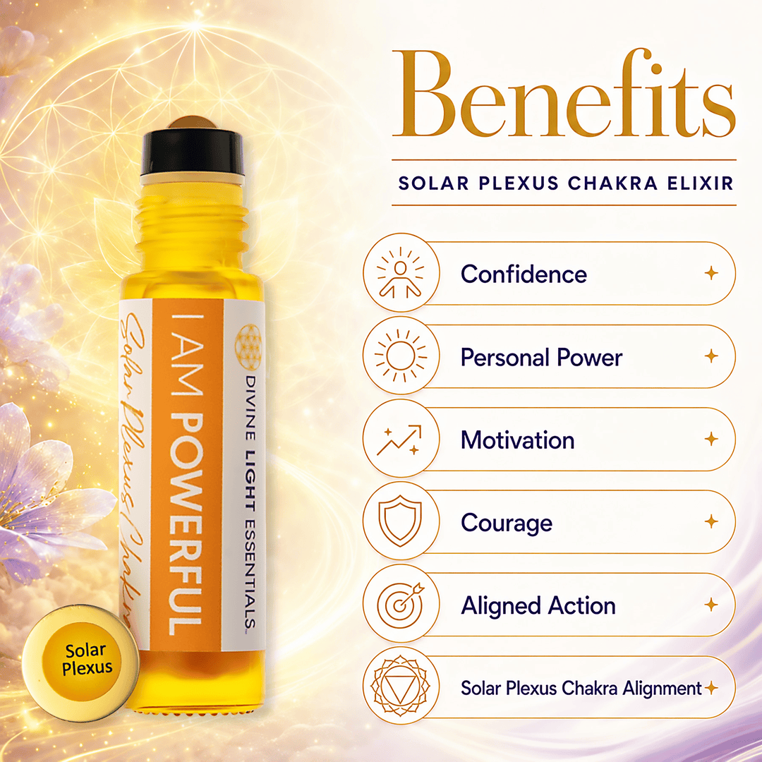 A bottle of Divine Light Essentials Solar Plexus Chakra Elixir shown beside a benefits infographic on a soft glowing cream and lavender background. The bottle is amber-yellow with a black cap and an orange-and-white label reading &