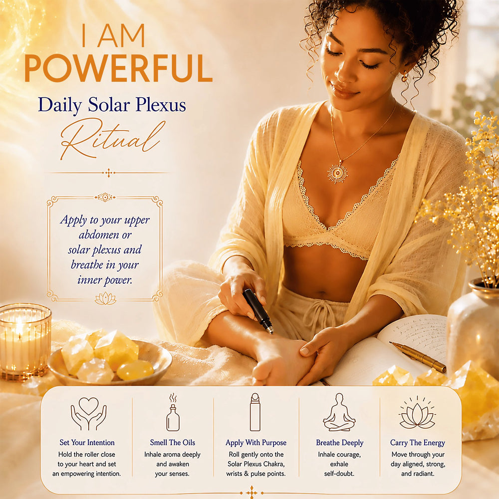 A promotional graphic for a 'Daily Solar Plexus Ritual' featuring a woman in a warm cream robe meditating with a black wand. The design includes text overlays, glowing candles, and a bottom panel detailing five steps of the ritual with icons.