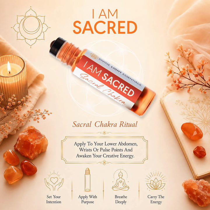 A bottle of Sacred Chakra Ritual essential oil rollerball bottle labeled &