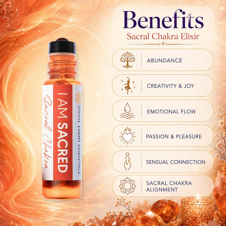 Sacral Chakra Elixir roll-on bottle by Divine Light Essentials, labeled &