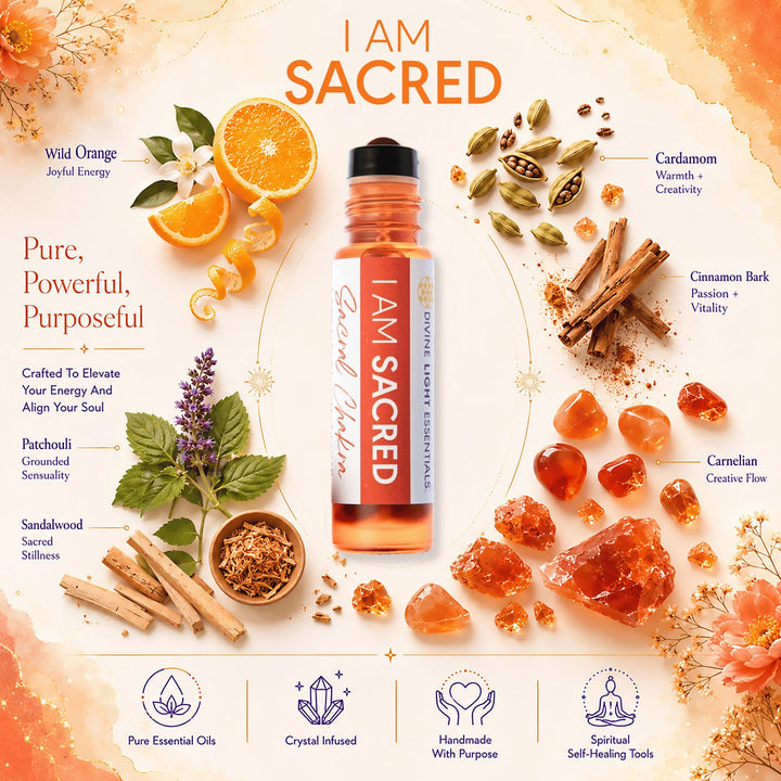 A promotional graphic for an essential oil roller bottle labeled &