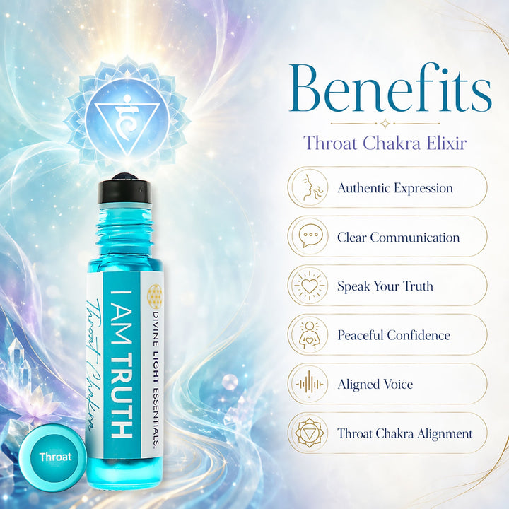Throat Chakra Elixir bottle with a black cap and a white label reading &
