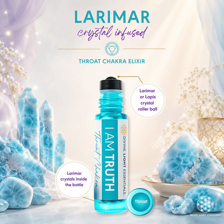 A roll-on bottle of Larimar crystal infused Throat Chakra Elixir by Divine Light Essentials, set against a mystical background of blue crystals and soft white drapery. The bottle is filled with bright blue liquid and features a black cap, with informative callout circles explaining the product&