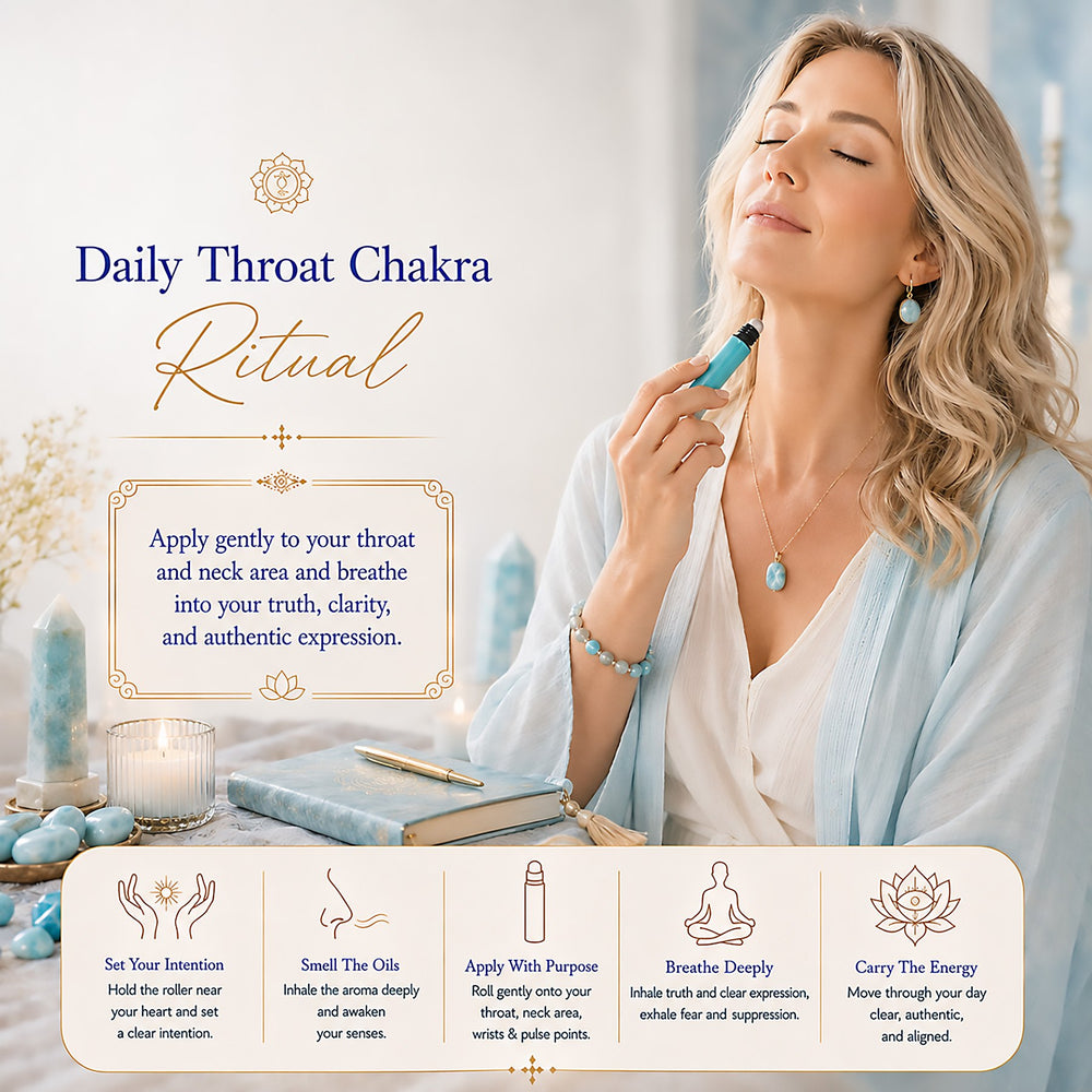 A woman in a light blue robe applies a small blue and white essential oil diffuser to her throat and neck area, with a serene indoor background. The image includes the text 'Daily Throat Chakra Ritual' and a panel with five wellness tips, making it a lifestyle and instructional promotional graphic.