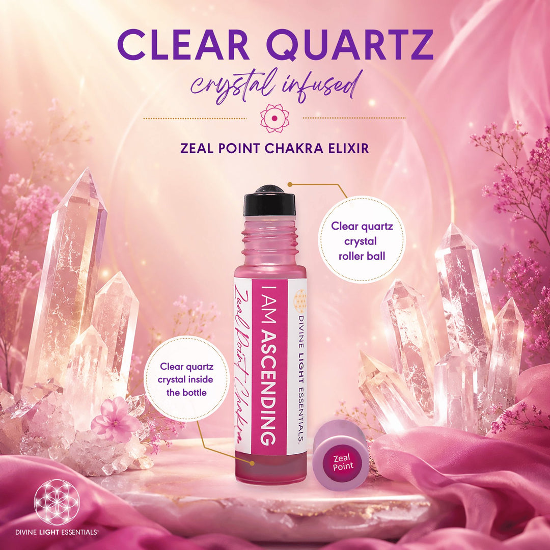 A pink and white bottle of Zeal Point Chakra Elixir by Divine Light Essentials, labeled &