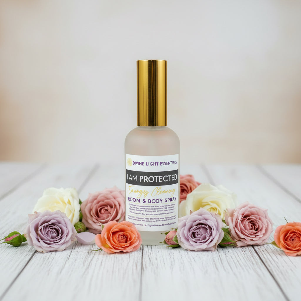 Room and body spray bottle with gold cap and white label surrounded by colorful flowers on a wooden surface.