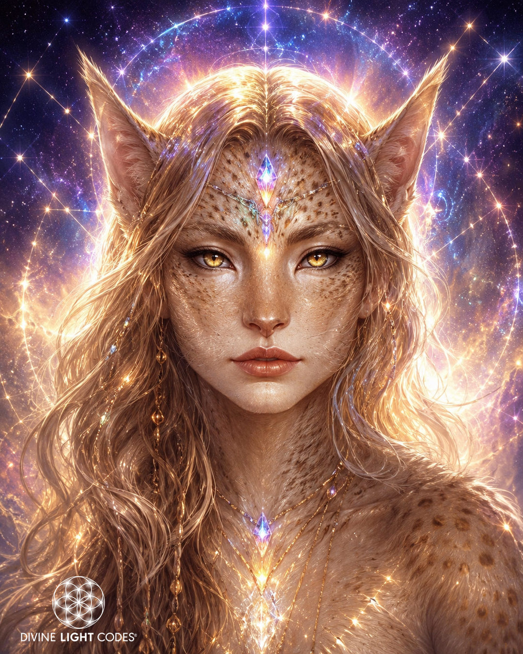 Lyran Cosmic race. A stylized portrait of a female cat-like deity with pointed ears, glowing yellow eyes, and golden fur, set against a cosmic starry background. The text &