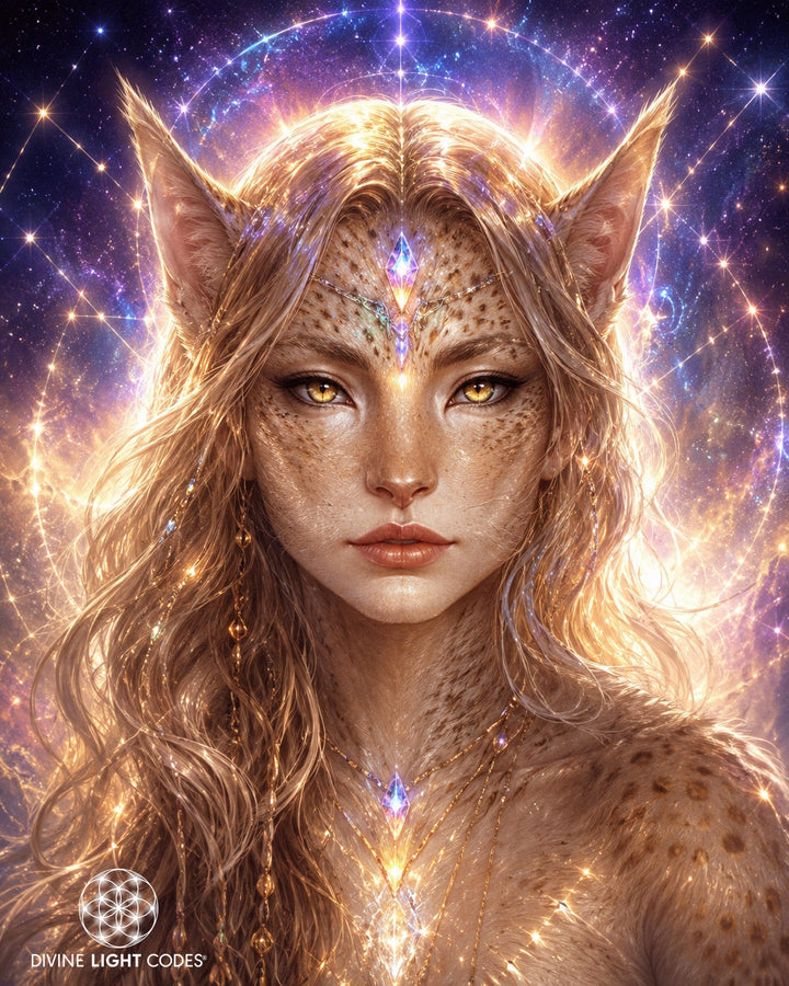 Lyran Cosmic race. A stylized portrait of a female cat-like deity with pointed ears, glowing yellow eyes, and golden fur, set against a cosmic starry background. The text &