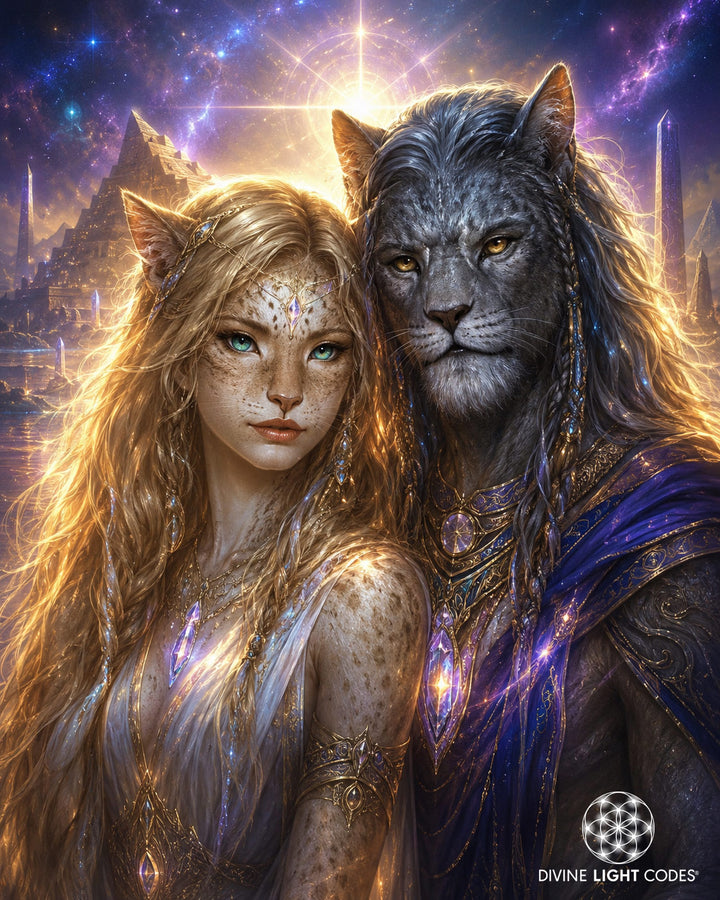 Lyran Starseed race. Fantasy digital artwork of a cat-like woman and a large cat-like man standing together in front of a glowing cosmic cityscape. The woman has long flowing blonde hair, pointed ears, and a pale skin with small glowing gem-like marks. Visible logo and text at the bottom right reads &