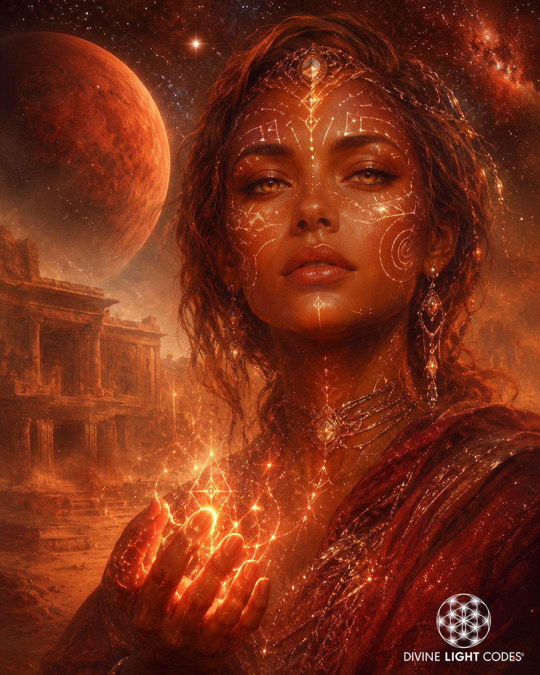 A stylized fantasy portrait of a woman with glowing celestial markings on her face and hand, surrounded by fiery orange light effects, set against a cosmic desert landscape with a large red planet and ruins. The text &