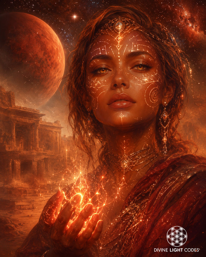 A stylized fantasy portrait of a woman with glowing celestial markings on her face and hand, surrounded by fiery orange light effects, set against a cosmic desert landscape with a large red planet and ruins. The text &