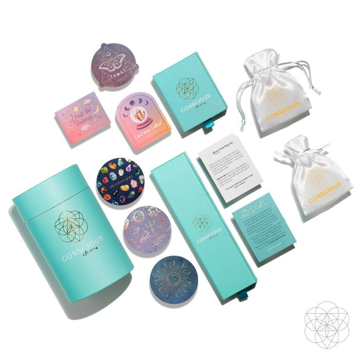 Collection of turquoise and pastel-colored items with 'Conscious' branding on a white background.