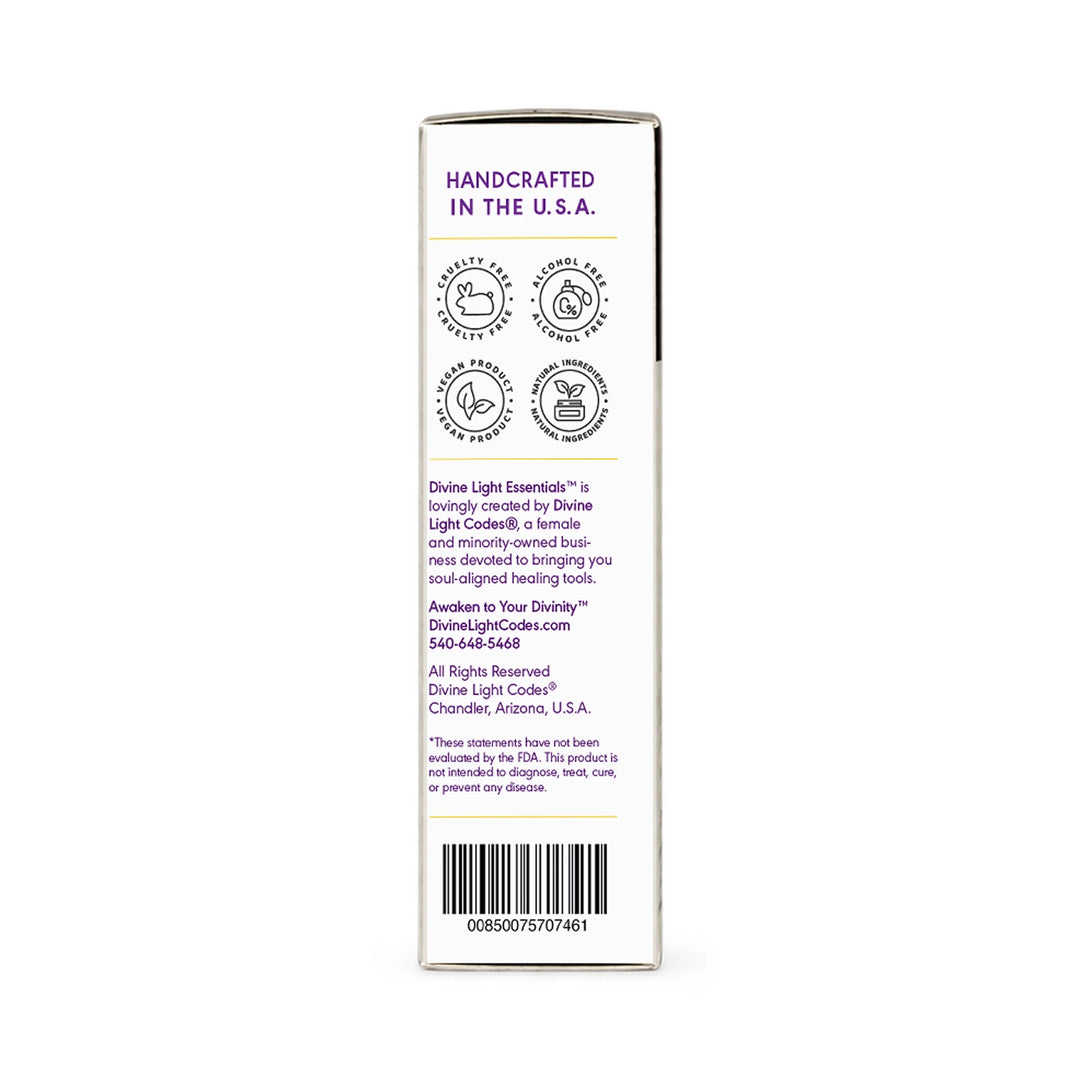 The back of a tall white cardboard box for Divine Light Essentials, featuring purple and black text, icons, and a barcode on a white background.