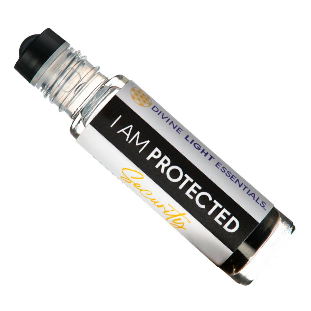 A clear glass roller bottle with a black cap, labeled &