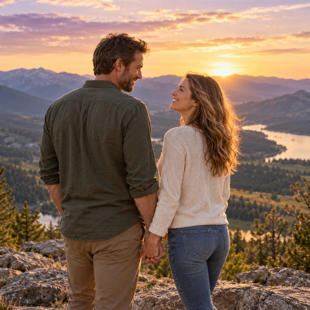 A man and a woman holding hands, standing on a rocky mountain peak at sunset with a scenic valley and lake in the background.