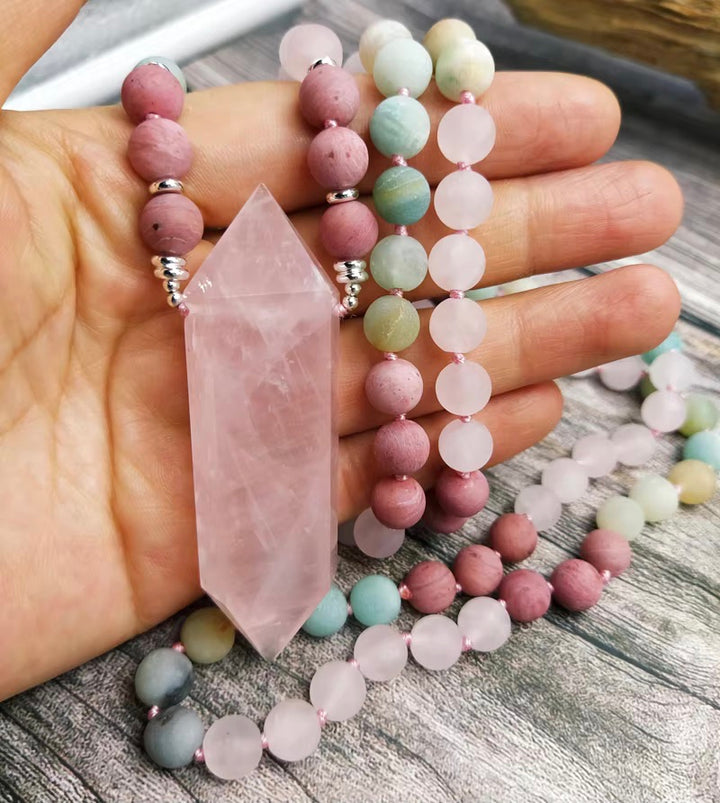 Rose Quartz Necklace Crystal Pendant - Beaded Necklace - Love & Self-Compassion