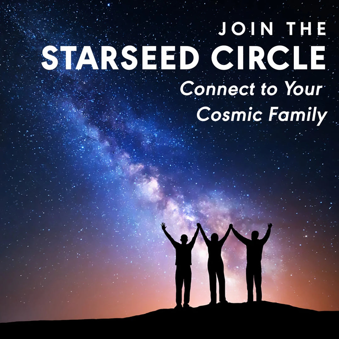 Join the Starseed Circle: Connect to Your Cosmic Family under a starry sky with silhouetted figures raising hands in unity.