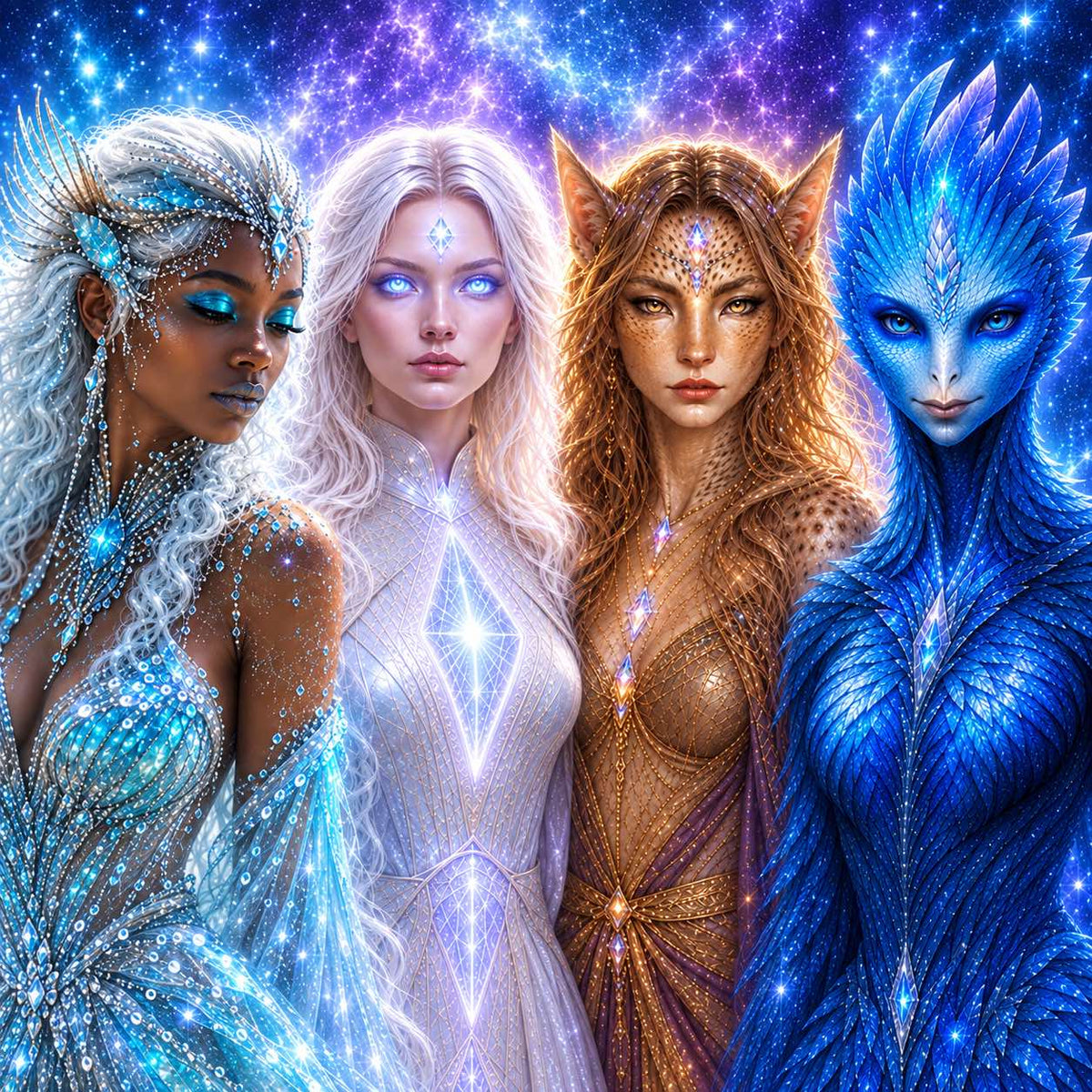 Four fantasy female figures standing side by side against a starry cosmic background, each with distinct icy blue, white, copper-gold, and deep blue crystalline outfits and glowing eyes.