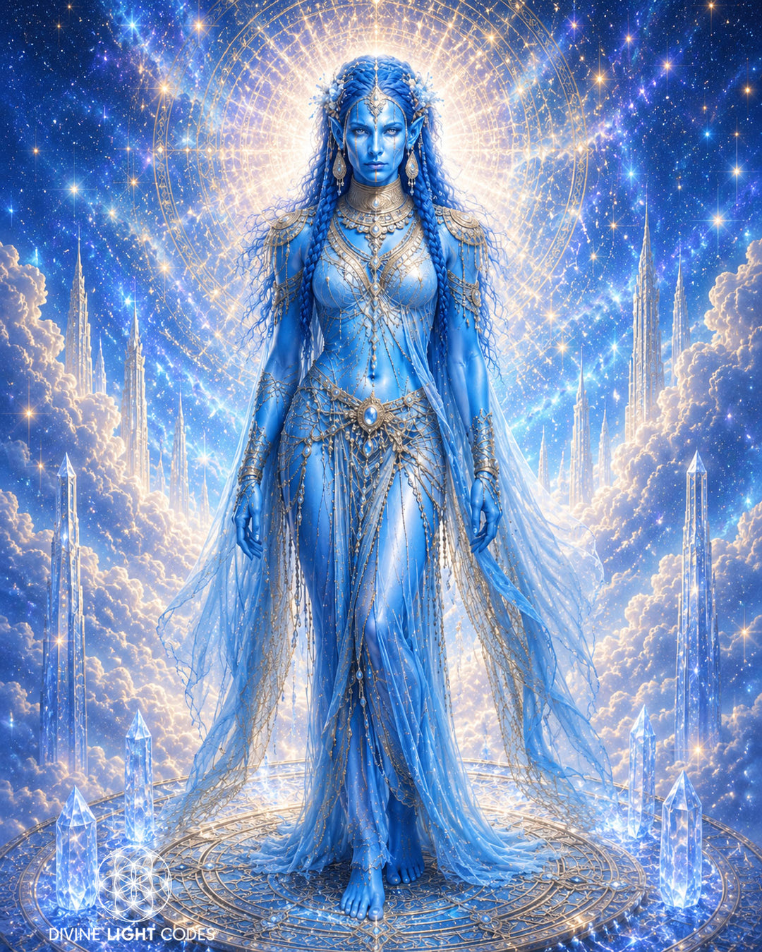 Vegan Starseeds. A fantasy digital artwork of a blue female deity standing in a celestial garden of clouds and crystals, with a glowing golden halo behind her. The image has a watermark in the bottom-left corner reading &
