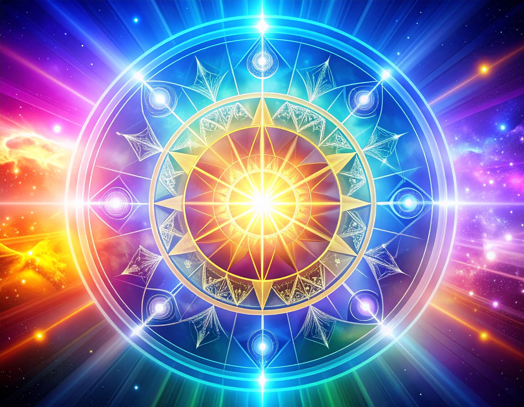 Radiant cosmic energy symbol with sacred geometry, glowing light codes for spiritual ascension and healing