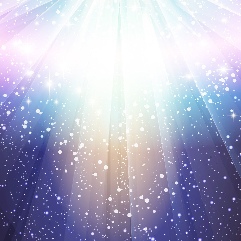 Divine light beams radiate with sparkling particles, evoking spiritual awakening and ascension energy.
