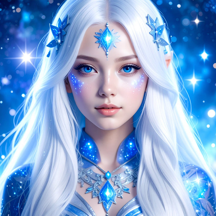 Ethereal Starseed with glowing blue crystals, celestial light, and cosmic stars for spiritual ascension healing
