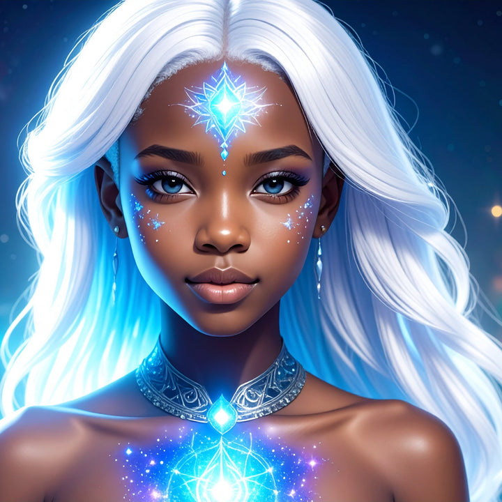 Starseed with glowing blue light codes on forehead and chest, white hair, cosmic background