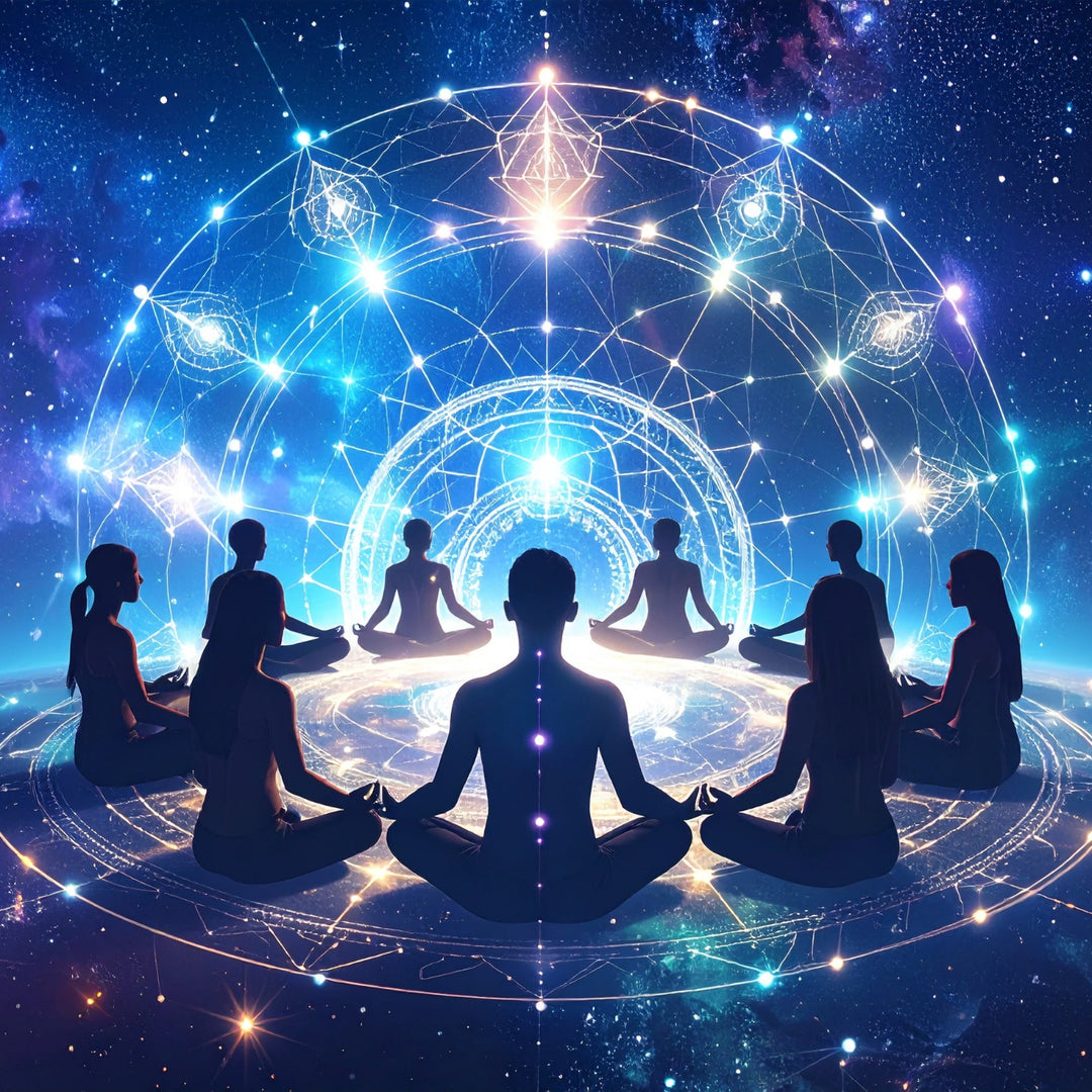 Silhouettes meditating in cosmic circle, surrounded by starry galaxy and glowing energy grid for spiritual ascension. Starseed Circle