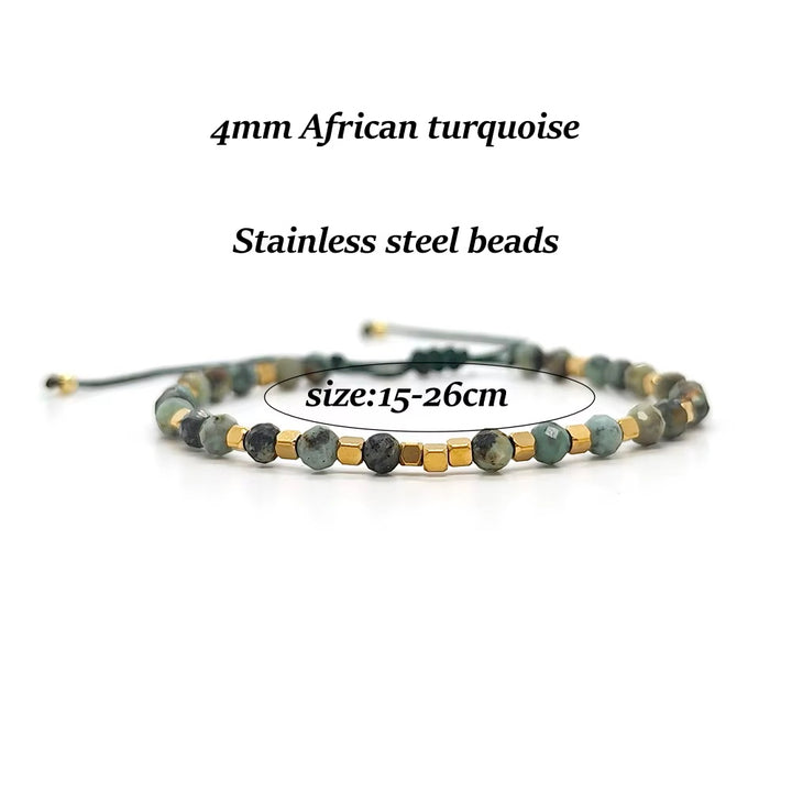 A beaded adjustable cord bracelet on a white background with text reading &