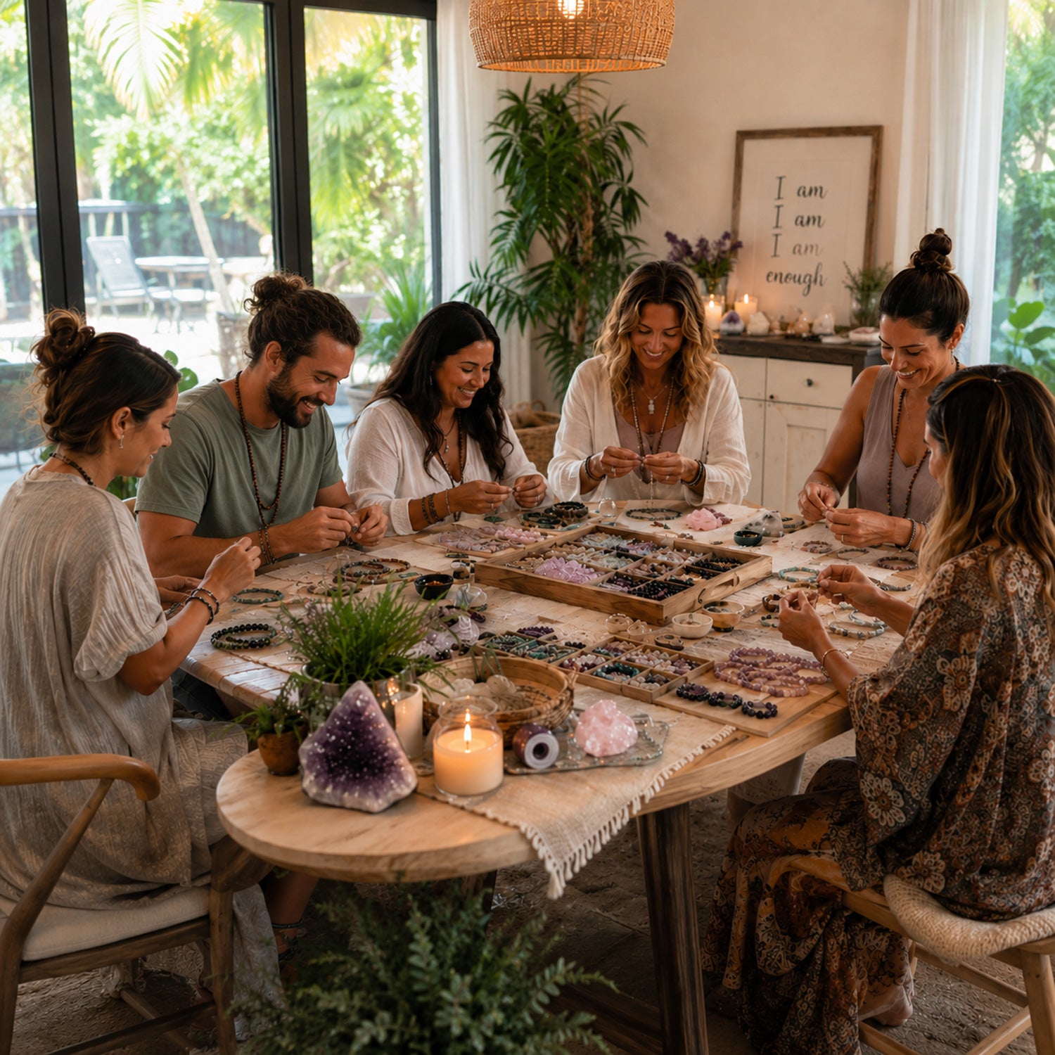 Group crafting crystal jewelry at spiritual workshop with candles and amethyst, promoting healing and ascension