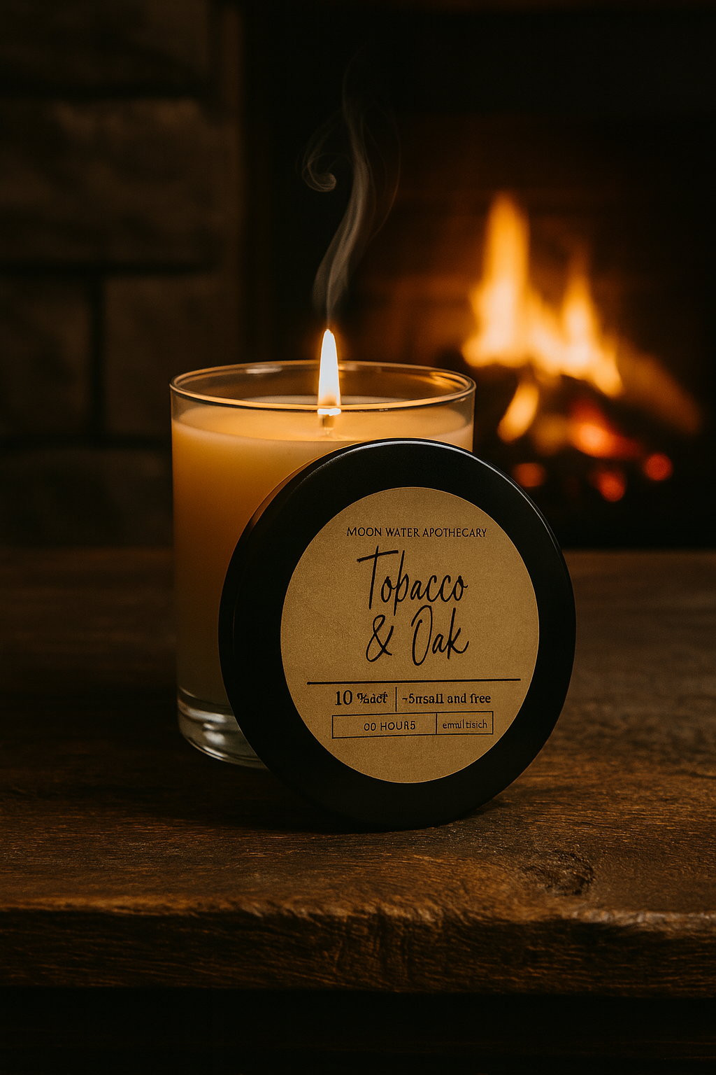 Candle labeled 'Tobacco & Oak' with a fireplace in the background