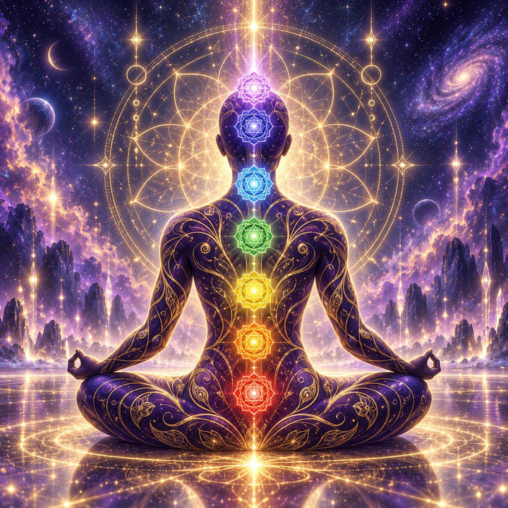 Abstract violet meditating figure with seven chakra centers, luminous golden geometry and a purple cosmic background