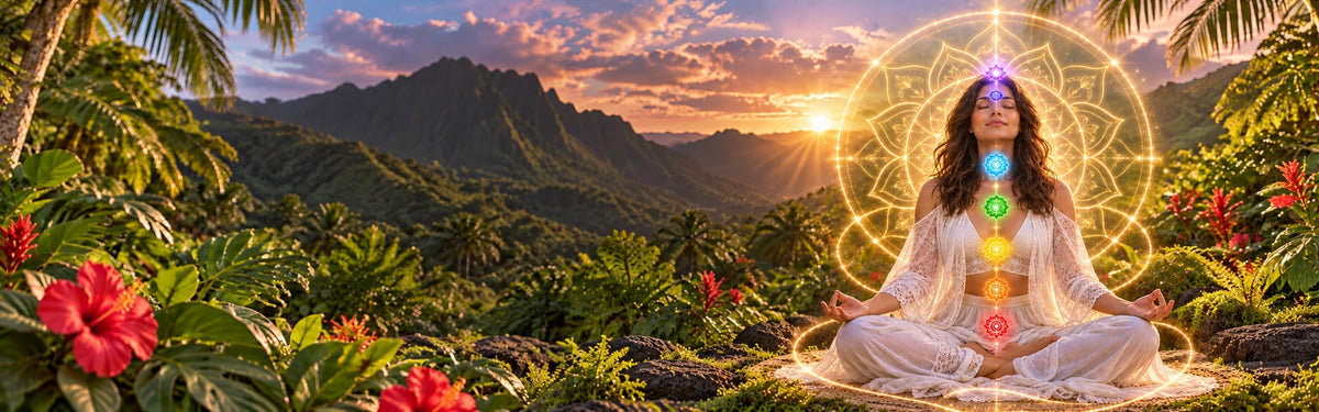 Chakra reading tropical garden hero: meditating woman with seven chakra lights and golden sacred geometry, with a softly darkened central landscape for text.