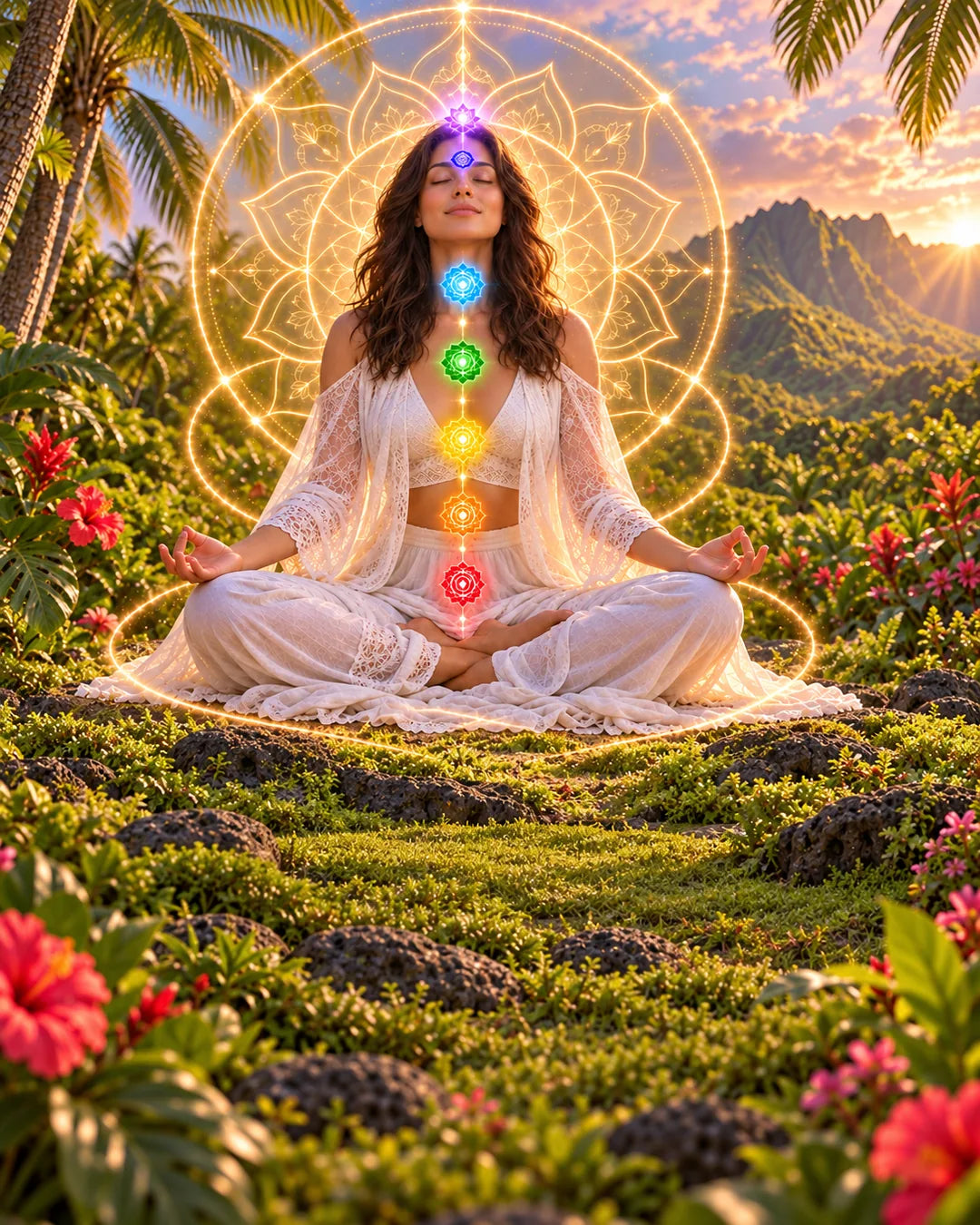 Chakra reading tropical garden mobile: meditating woman and golden sacred geometry positioned high in the frame, with green grass below for text.
