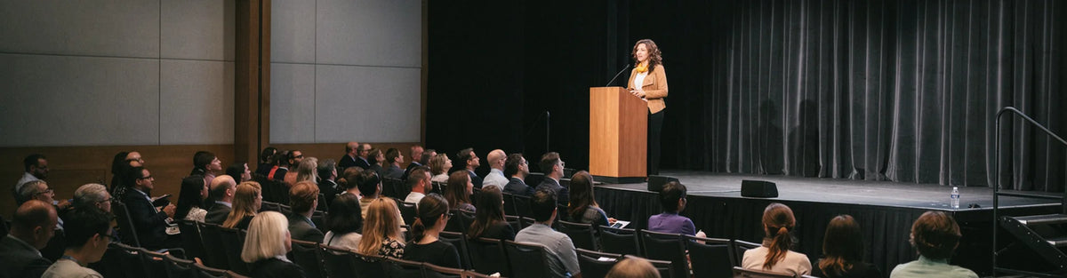 Cheri Arellano speaking at a podium before an audience
