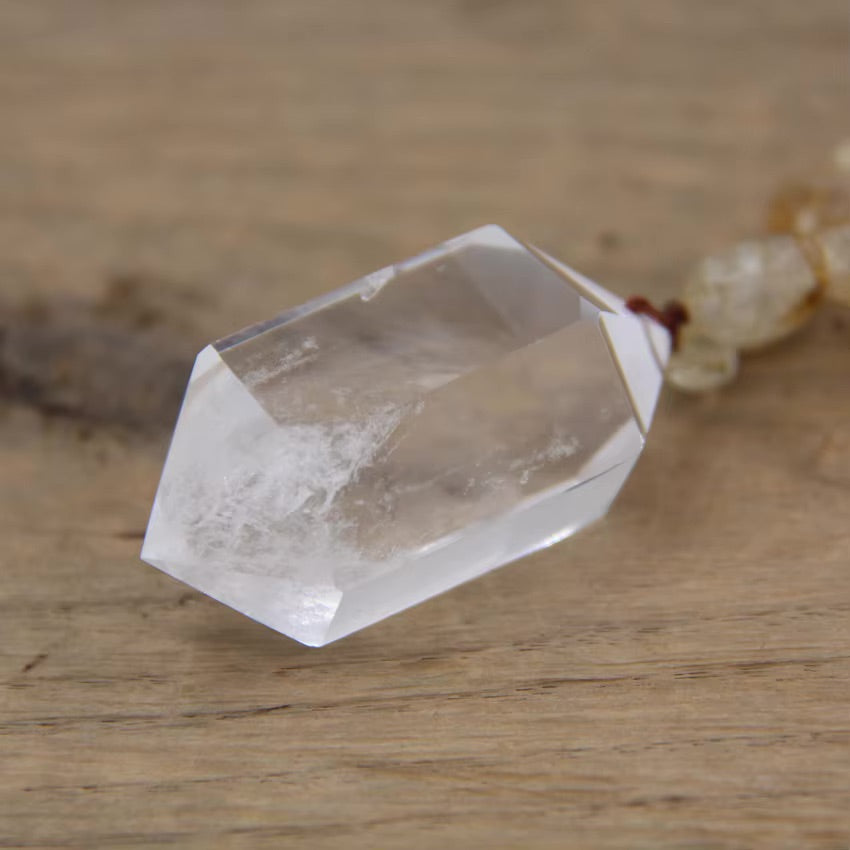 Citrine Beaded Necklace with Clear Quartz Crystal Pendant - Abundance - Manifestation