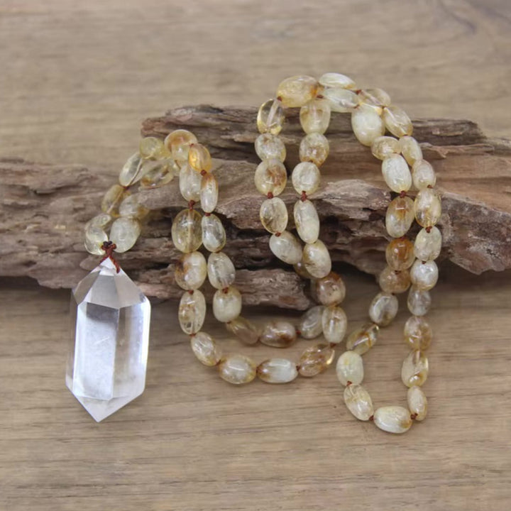 Citrine Beaded Necklace with Clear Quartz Crystal Pendant - Abundance - Manifestation