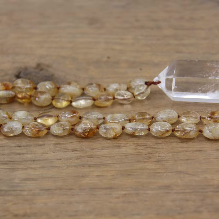 Citrine Beaded Necklace with Clear Quartz Crystal Pendant - Abundance - Manifestation
