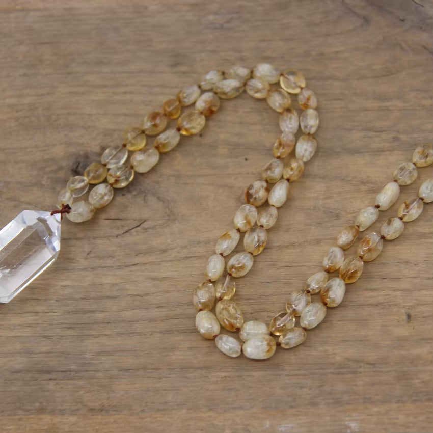 Citrine Beaded Necklace with Clear Quartz Crystal Pendant - Abundance - Manifestation