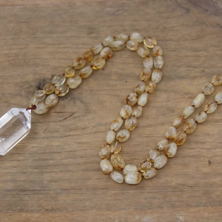 Citrine Beaded Necklace with Clear Quartz Crystal Pendant - Abundance - Manifestation