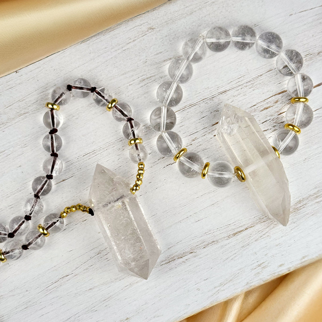 Clear Quartz Crystal Pendant Round Beaded Necklace